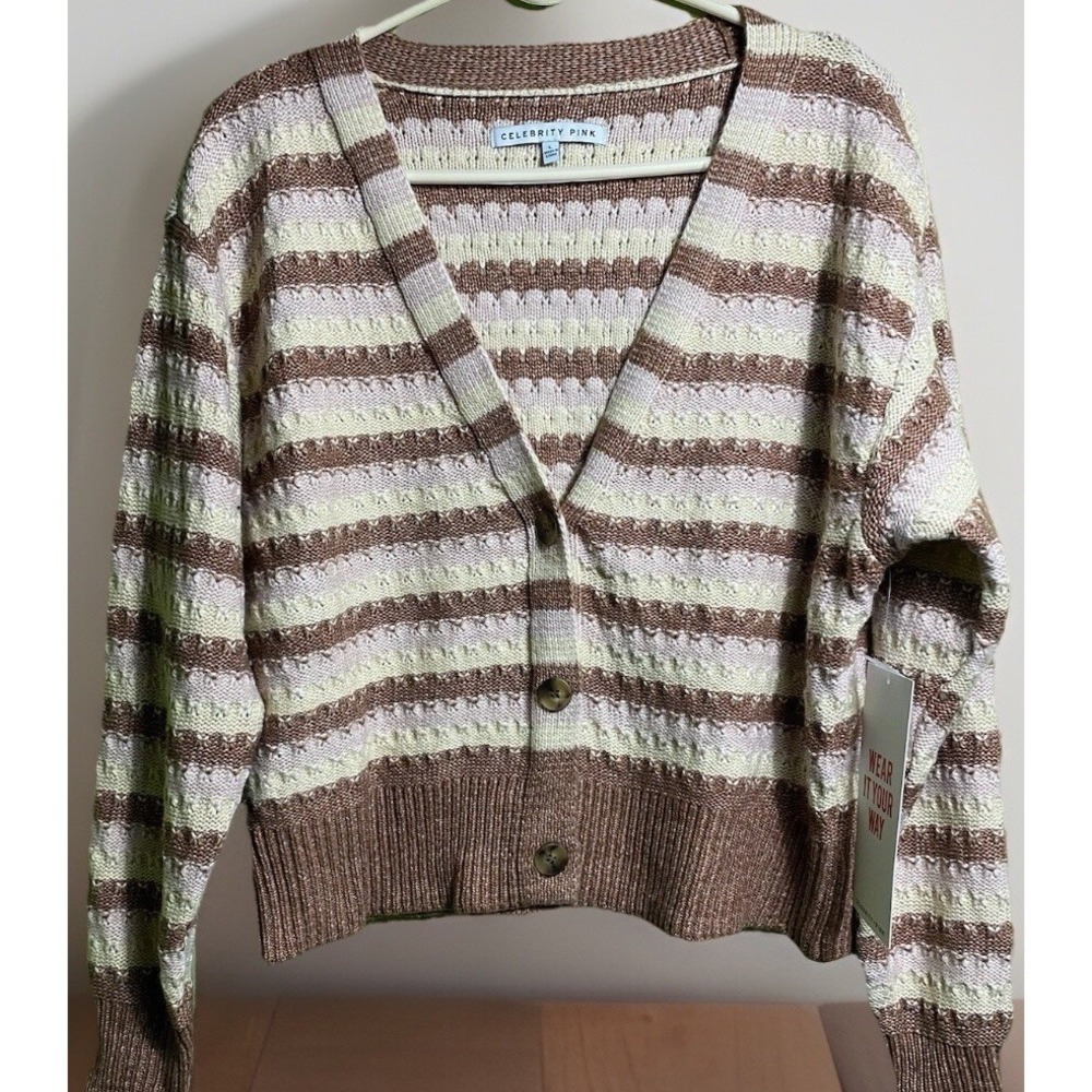 Cropped‎ Striped Celebrity Pink Womens Cardigan Polyester L Pink